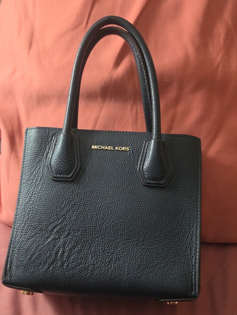 Michael Kors Navy Pebbled Leather Satchel with Gold Logo